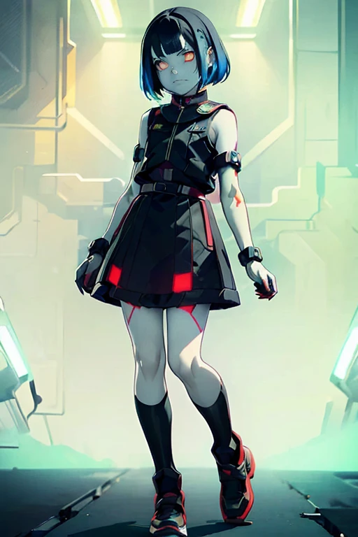 (masterpiece), (High resolution), (Full body portrait), （cyber punk）、Black bowl cut、Sleeveless skull print dress、 Dark atmosphere, Flat Illustration, Creepy Appearance, Characteristic hairstyle, creative accessories, Unique atmosphere,A Little Nightmare、holding a pistol in both hands
