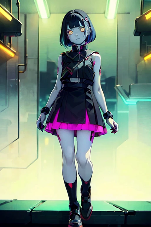 (masterpiece), (High resolution), (Full body portrait), （cyber punk）、Black bowl cut、Sleeveless skull print dress、 Dark atmosphere, Flat Illustration, Creepy Appearance, Characteristic hairstyle, creative accessories, Unique atmosphere,A Little Nightmare、holding a pistol in both hands
