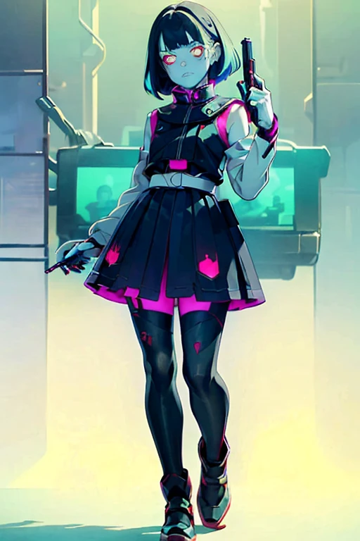 (masterpiece), (High resolution), (Full body portrait), （cyber punk）、Black bowl cut、Sleeveless skull print dress、 Dark atmosphere, Flat Illustration, Creepy Appearance, Characteristic hairstyle, creative accessories, Unique atmosphere,A Little Nightmare、holding a pistol in both hands
