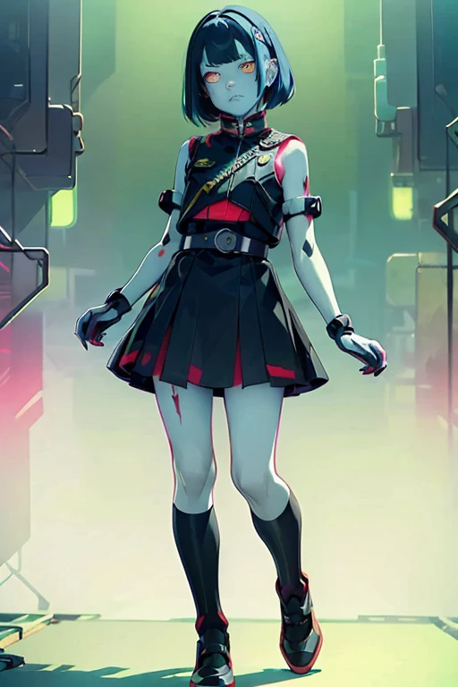 (masterpiece), (High resolution), (Full body portrait), （cyber punk）、Black bowl cut、Sleeveless skull print dress、 Dark atmosphere, Flat Illustration, Creepy Appearance, Characteristic hairstyle, creative accessories, Unique atmosphere,A Little Nightmare、holding a pistol in both hands
