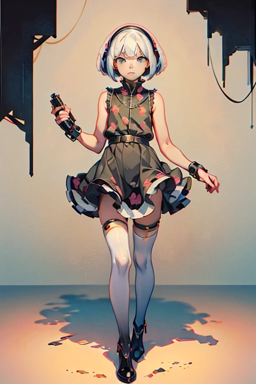 (masterpiece), (High resolution), (Full body portrait), （cyber punk）、Black bowl cut、Sleeveless skull print dress、 Dark atmosphere, Flat Illustration, Creepy Appearance, Characteristic hairstyle, creative accessories, Unique atmosphere,A Little Nightmare、holding a pistol in both hands
