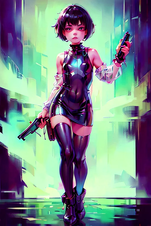 (masterpiece), (High resolution), (Full body portrait), （cyber punk）、Black bowl cut、Sleeveless skull print dress、 Dark atmosphere, Flat Illustration, Creepy Appearance, Characteristic hairstyle, creative accessories, Unique atmosphere,A Little Nightmare、holding a pistol in both hands
