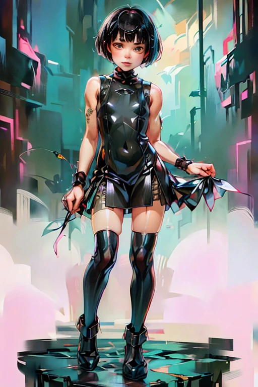 (masterpiece), (High resolution), (Full body portrait), （cyber punk）、Black bowl cut、Sleeveless skull print dress、 Dark atmosphere, Flat Illustration, Creepy Appearance, Characteristic hairstyle, creative accessories, Unique atmosphere,A Little Nightmare、holding a pistol in both hands
