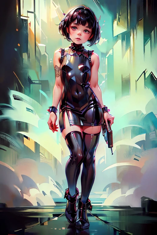 (masterpiece), (High resolution), (Full body portrait), （cyber punk）、Black bowl cut、Sleeveless skull print dress、 Dark atmosphere, Flat Illustration, Creepy Appearance, Characteristic hairstyle, creative accessories, Unique atmosphere,A Little Nightmare、holding a pistol in both hands
