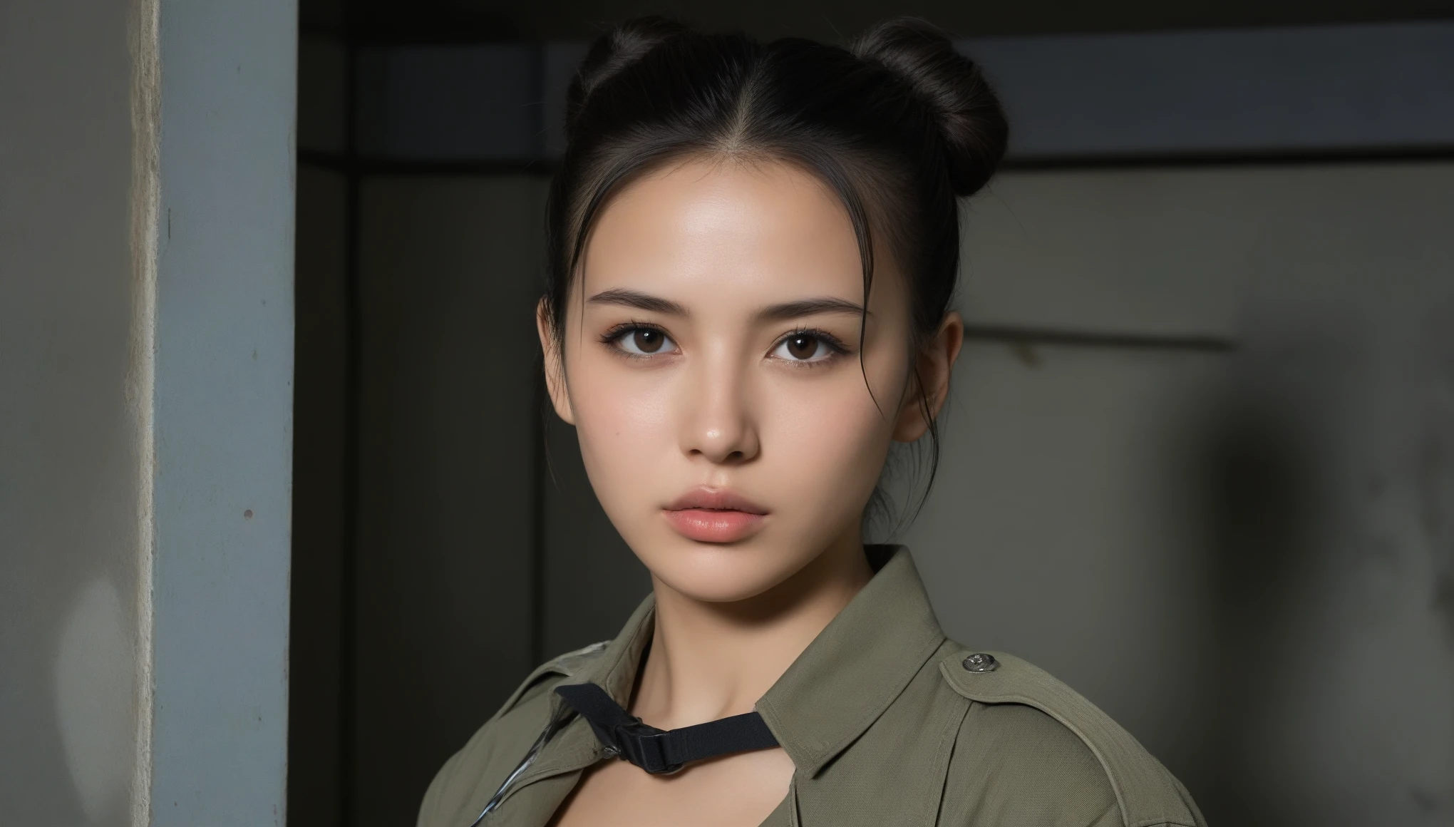 8k, Ultra-high resolution, Highest quality, masterpiece, 三分割法によるphotograph,Surreal, photograph, 1 , (:1.3), cute, cute顔, 細部までBeautiful Eyes, 細かくdetailedに,masterpiece,One Girl:1.2,Japanese women,Female jailer,upper body,glaring,Black hair,Messy bun hair,ID photo, Brutal Cyberpunk Woman,In a dilapidated building,(Bondage fashion meets military uniform:1.3), Are standing, (Post-apocalyptic scenarios:1.2),Expression of despair,Dark and atmospheric lighting,Subtle details, detailedな顔,anger,Attractive eyes,(ポートレートphotograph:1.4),(Photorealistic images:1.4),Fantasy art,(Beautiful Face:1.4),美しくAttractive eyes、Beautiful Eyes,Silver residue,(Tight waist:1.4)、(Beautiful with perfect body proportions:1.4),Red lips,profile,(((Ideal body type))),A-cup small breasts :2,、Portraiture:2、Perfect Anatomy、鮮明なdetailed、detailed,Fashion magazine cover,Thin lips,完璧でBeautiful Face ,完璧でcute顔, Skin with attention to detail, Perfect limbs、Narrow waist,Surreal,Light and shadow,spotlight
