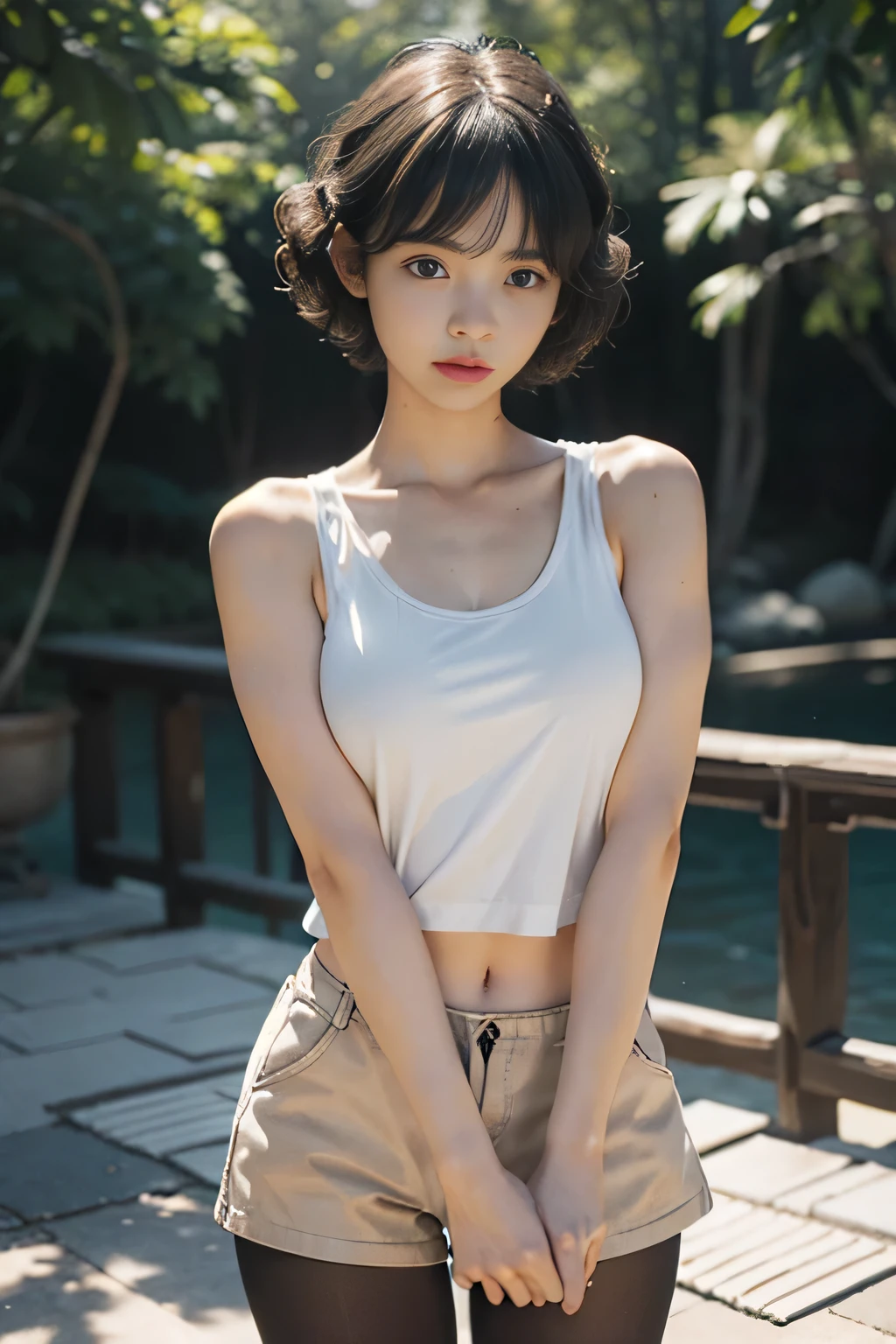 photorealistic portrait, high-res, Soft light, 1 woman, bara, Hip up, look at viewer, (The young heroine confronts the fern leaf with details.......), Short Hair Hair, jewelry, sport shorts, white tank tops, In the middle of a football field.