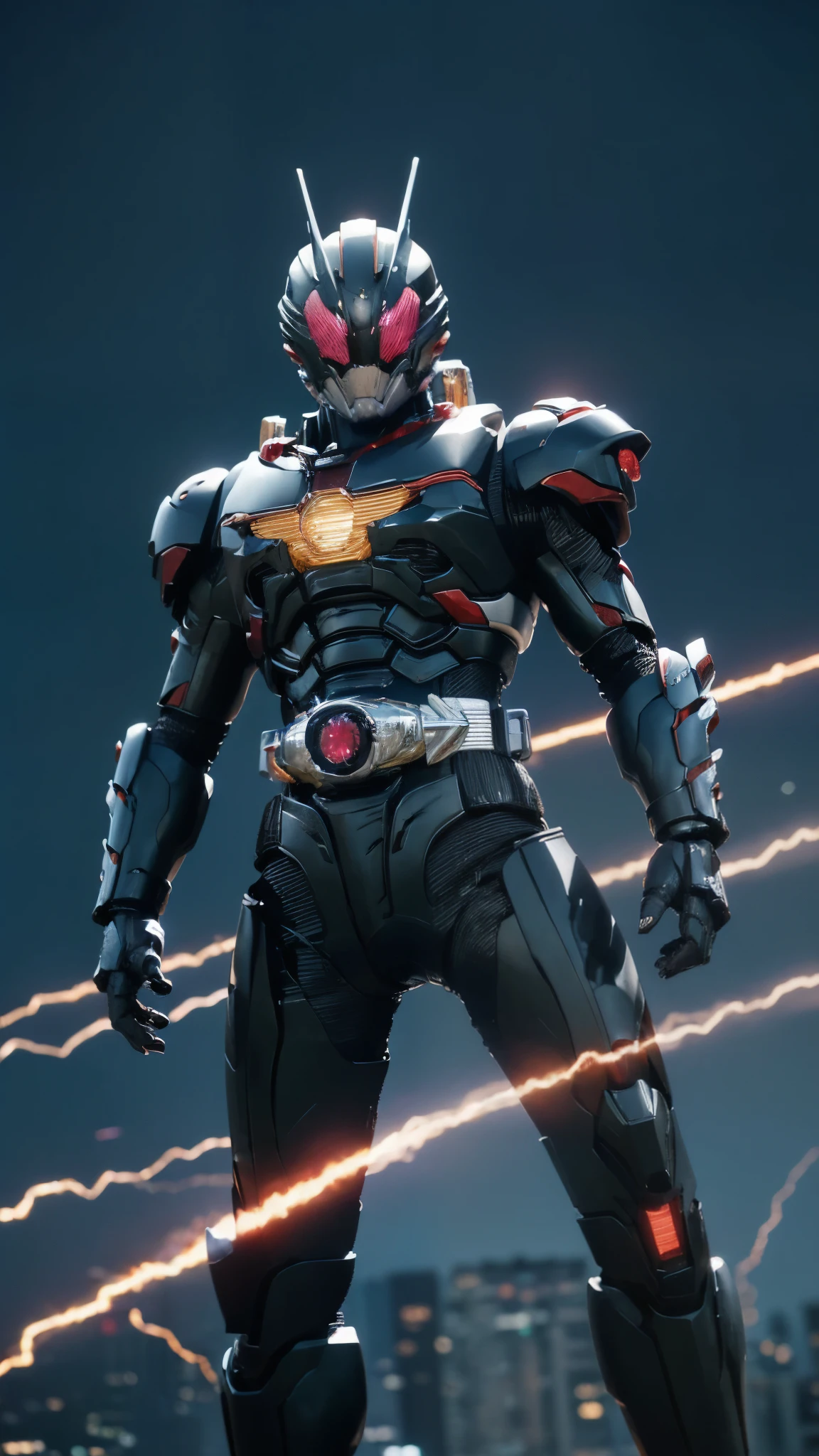 Kamen Rider、masked rider、portrait of alpha male, perfect eyes, Wearing a new mecha suit, convoluted, (steel sapphire [Ruby]), elegant, sharp focus, Photo courtesy of: Greg Rutkowski, soft lighting, vivid colors, masterpiece, ((market price)), transformers shot, dynamic pose,Big transformation belt