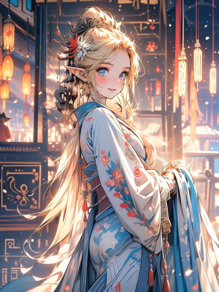 masterpiece, best quality, 1girl, ultra detailed, ultra highres, 8k, well-definded facial features, anatomically correct, stunning girl, long pointy ears, elf, nice face, blonde hair, blue eyes, (cowboy shot:1.3), breasts, smile, hair flower, (at cafe), looking at viewer, blush, wearing Kimono,