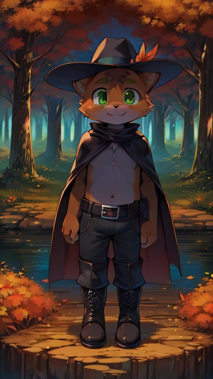 (puss in boots \(character\), solo, highly insanely detailed, masterpiece, top quality, best quality, highres, 4k, 8k, RAW photo),((innocent look)),((Childish)),From the front, symmetrical composition,smile,cute,Innocent,Kind eyes,Flat chest, digimon,forest, autumn,boutdoor, (green eyes, black cape, hate, hat feather, belt, black boots, looking at viewer), 