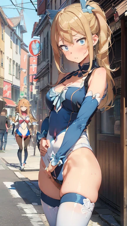 1 Female,Blonde, ,((Annoyed expression)),Beautiful breasts,(((Sexy Magical Girl White and Blue High Leg Bodysuit)))(())(((Blushing、Surprised expression)),((())),((( Portrait))),blue eyes,(((The front hair is even)))()street,crowd(Magical Girl Hair Ornament)