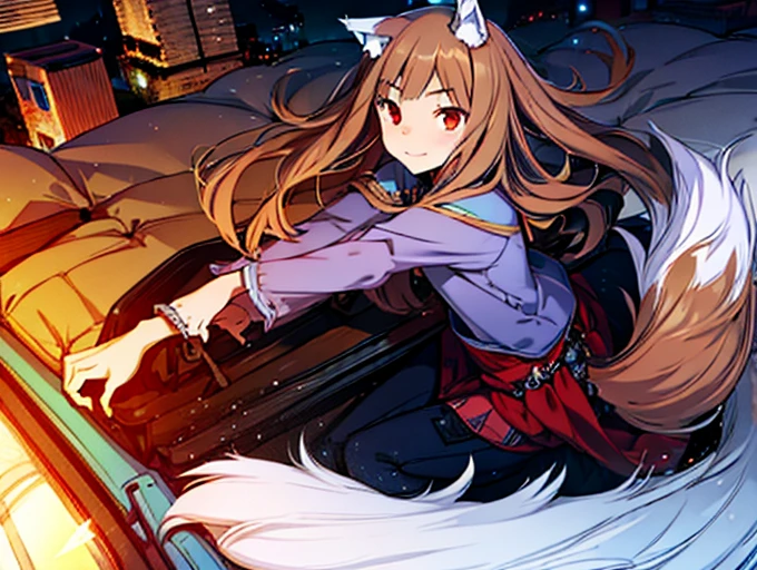 1girl, animal ears,wolf ears, tail, Wolf tail, red eyes, wolf girl, brown hair,long hair, Hemp clothing, Pouch, (extremely detailed CG unity 8k wallpaper), (highest quality), (ultra-detailed), (best illustrations), Homer、Riding on the cargo bed、Touching the tail、 