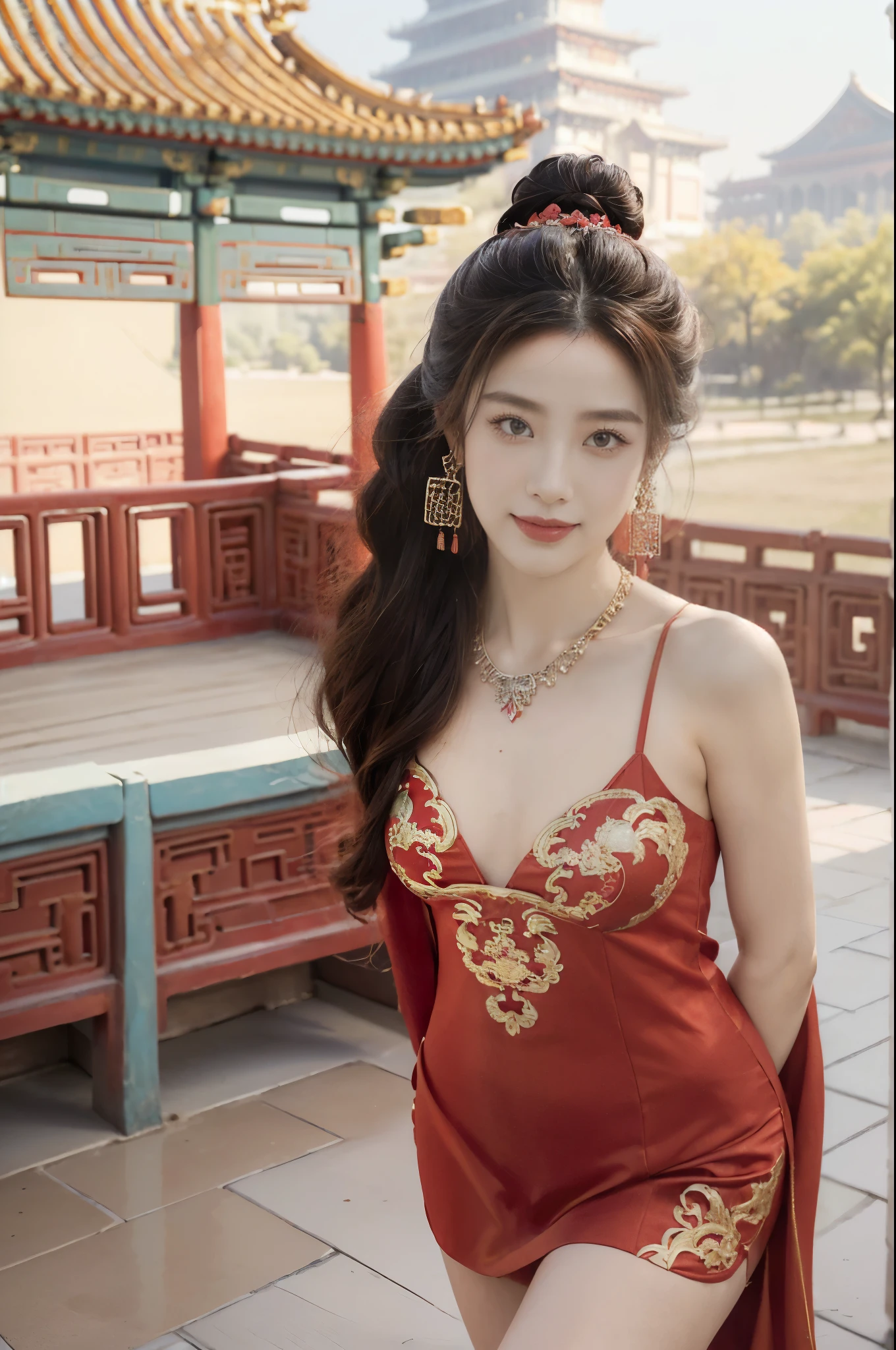 ((((8k))),((Extremely meticulous CG)) ,(wallpaper),16k,((Extremely refined and beautiful)),(((Masterpiece))),(((best qualtiy))),(((Ultra High Resolution))),beautiful light up,Perfect lightning,realistic shaded,(high resolution),(Smooth and flawless fair skin:1.5),(pale skin:1.3),Extremely exquisite facial details,(perfect body:1.1),ultra-detailed,a girl,solo,small head,(dragon-head crown:1.3),(bun hair:1.2),small face,Exquisite makeup,(shiny skin:1.5),(slim,thin),happy,(laughing:1.2),(small breasts:1.1),flat chest,(maxi red hanfu with exquisite embroidered dragon patterns:1.5),(night scene:1.5),indoor,(In a luxurious Chinese palace:1.3),(Spring Festival festive atmosphere:1.3),(looking at the viewer:1.3),(detailed background:1.5),(close-up of face:1.3),(sitting on the throne:1.2),(from front:1.3),(bright light:1.3),