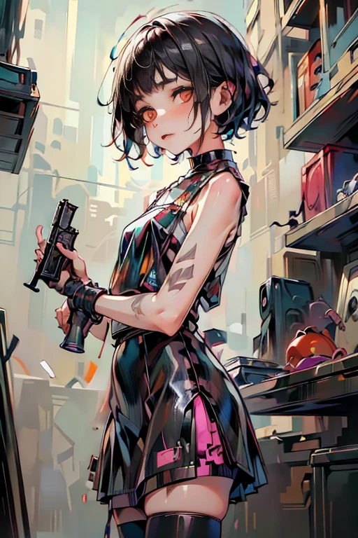 (masterpiece), (High resolution), （cyber punk）、Black bowl cut、Sleeveless skull print dress、 Dark atmosphere, Flat Illustration, Creepy Appearance, Characteristic hairstyle, creative accessories, Unique atmosphere,A Little Nightmare、holding a pistol in both hands
