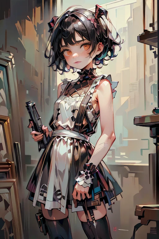 (masterpiece), (High resolution), （cyber punk）、Black bowl cut、Sleeveless skull print dress、 Dark atmosphere, Flat Illustration, Creepy Appearance, Characteristic hairstyle, creative accessories, Unique atmosphere,A Little Nightmare、holding a pistol in both hands
