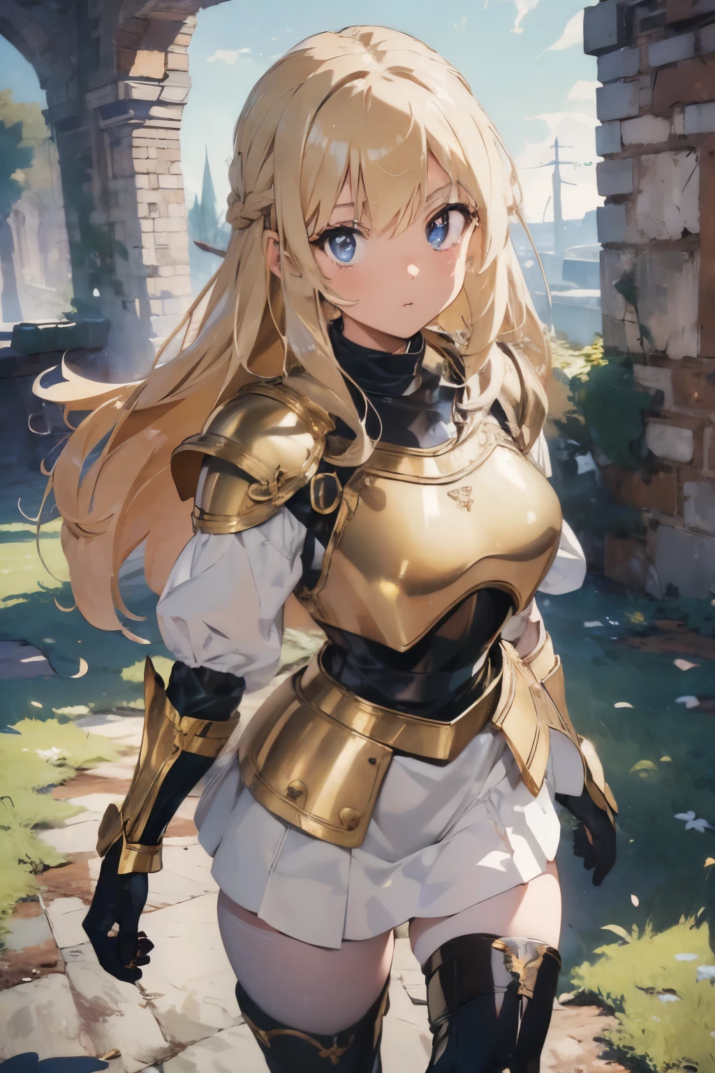 ((ultra-detailed)), (beautiful detailed eyes), (1girl), full body, knight, armour, light hair, expressive eyes, perfect face, Girl: (20s, blonde hair, long hair, white shirt, gold armour, black gloves, knee boots, white pantyhose, black shorts, plate armour), dungeon, brick floor, stone floor, underground, moss, walking, armor, retro anime, (cinematic lighting), (illustration), anime, (masterpiece))), (((best quality))), best quality
