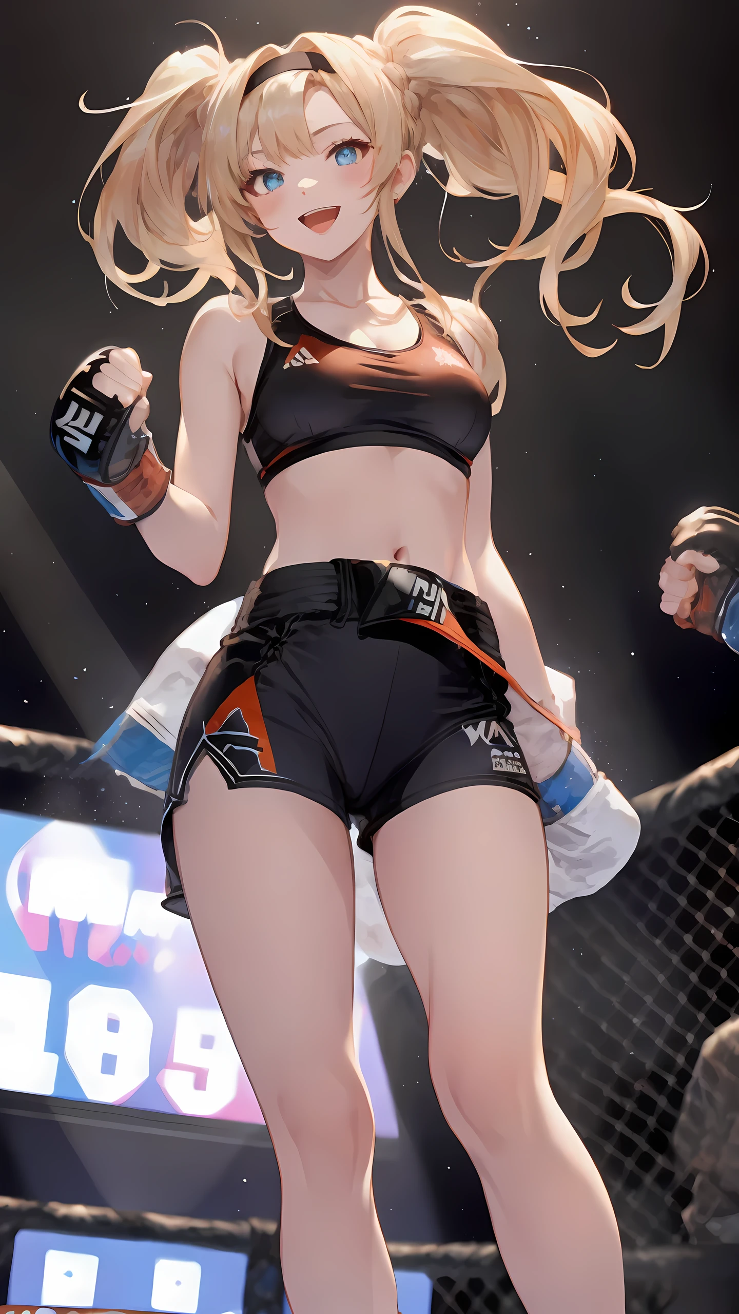 zetadef, braid, hair intakes, twintails, hairband,
Detailed eyes,(wearing sports wear:1.5, bare thigh), Her slim legs are really cute.,Very beautiful long legs, Perfect body,(Independent),(on MMA Arena :1.5), naughty smile, open mouth, Toned stomach,Ultra HD,Detailed eyes,Detailed face, cowboy shot, looking at viewer,(from below),long legs,twisting the waist,depth of field,