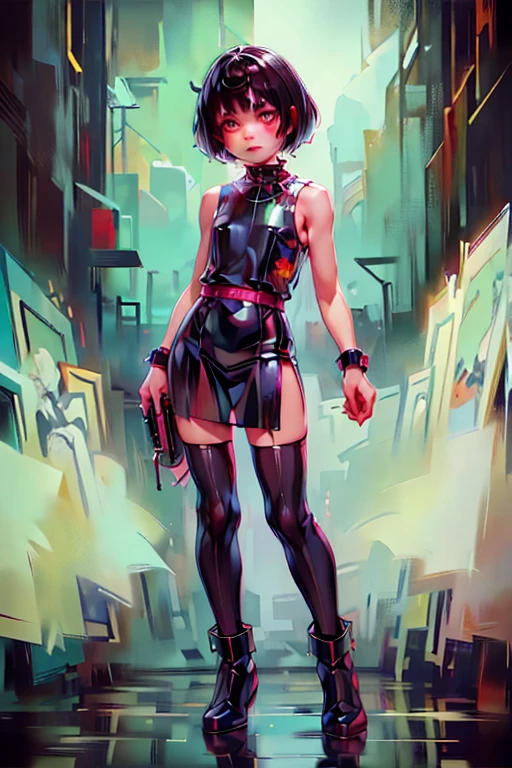 (masterpiece), (High resolution), (Full body portrait), （cyber punk）、Black bowl cut、Sleeveless skull print dress、 Dark atmosphere, Flat Illustration, Creepy Appearance, Characteristic hairstyle, creative accessories, Unique atmosphere,A Little Nightmare、holding a pistol in both hands
