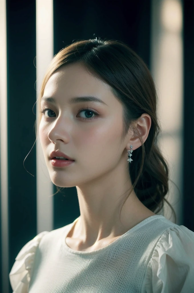 Realistic photography of a woman with a white shirt and earrings, lovely delicate face, beautiful delicate face, soft portrait shot 8 k, soft light from the side, high quality portrait, gemma chan girl portrait, beautiful fine - face, yanjun chengt, 60mm portrait, incredibly ethereal, 50mm portrait, ethereal beauty, very ethereal, 7 0 mm portrait