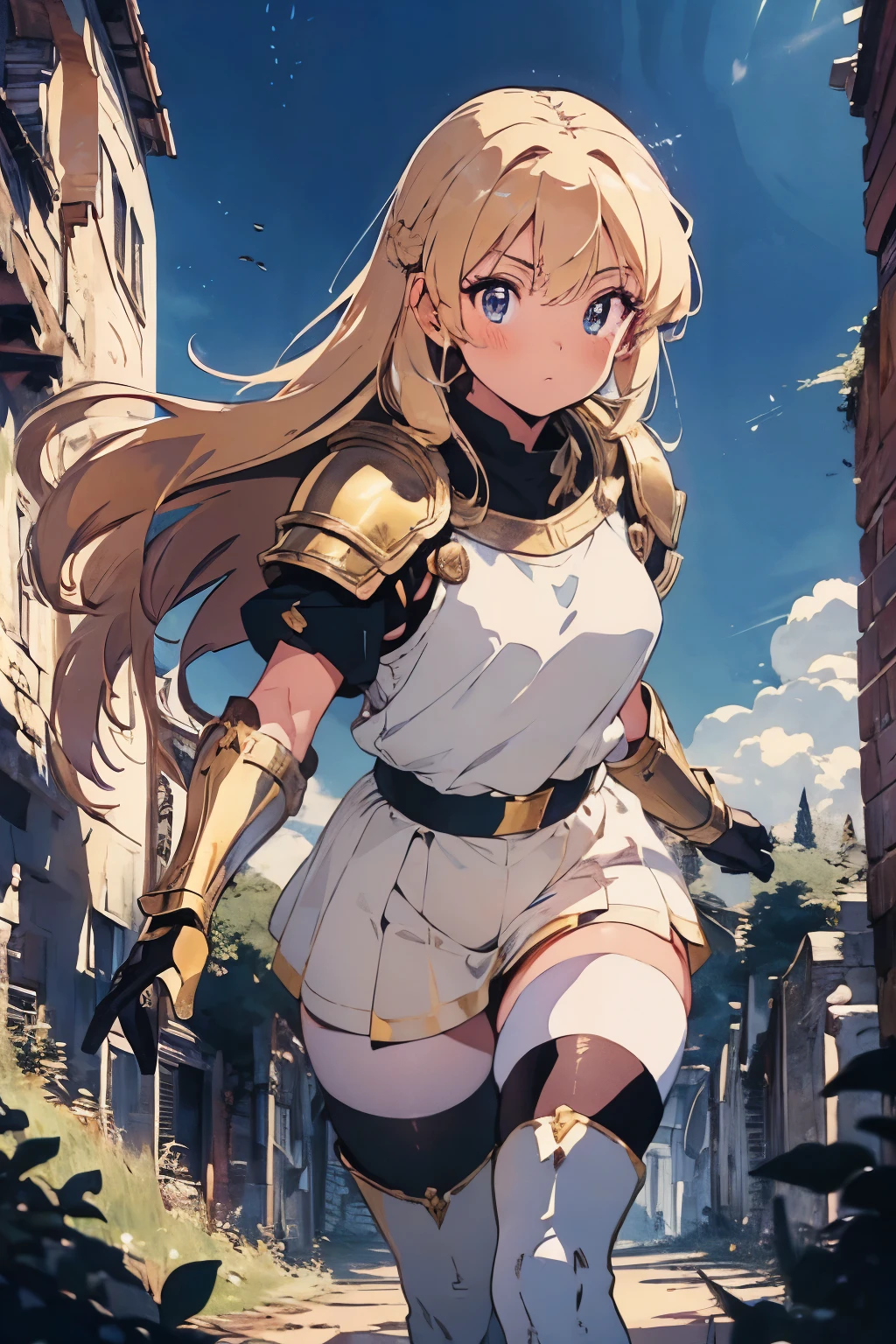 ((ultra-detailed)), (beautiful detailed eyes), (1girl), full body, knight, armour, light hair, expressive eyes, perfect face, Girl: (20s, blonde hair, long hair, white shirt, gold armour, black gloves, knee boots, white pantyhose, black shorts, plate armour), dungeon, brick floor, stone floor, underground, moss, walking, armor, retro anime, 1990s anime, (cinematic lighting), (illustration), anime, (masterpiece))), (((best quality))), best quality
