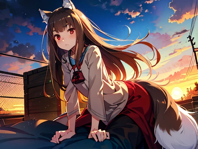 1girl, animal ears,wolf ears, tail, Wolf tail, red eyes, wolf girl, brown hair,long hair, Hemp clothing, Pouch, (extremely detailed CG unity 8k wallpaper), (highest quality), (ultra-detailed), (best illustrations), Homer、Riding on the cargo bed、Touching the tail、 