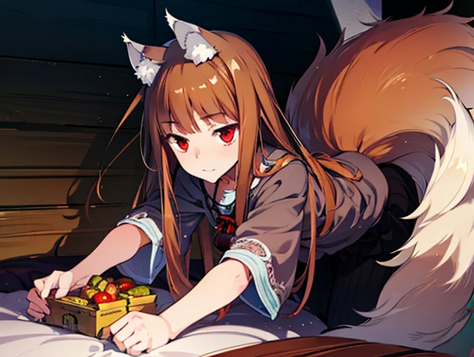 1girl, animal ears,wolf ears, tail, Wolf tail, red eyes, wolf girl, brown hair,long hair, Hemp clothing, Pouch, (extremely detailed CG unity 8k wallpaper), (highest quality), (ultra-detailed), (best illustrations), Homer、Riding on the cargo bed、Touching the tail、 