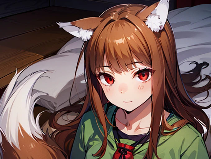 1girl, animal ears,wolf ears, tail, Wolf tail, red eyes, wolf girl, brown hair,long hair, Hemp clothing, Pouch, (extremely detailed CG unity 8k wallpaper), (highest quality), (ultra-detailed), (best illustrations), Homer、Riding on the cargo bed、Touching the tail、 