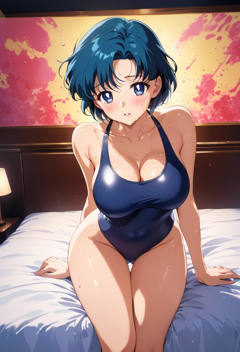 masterpiece, Highest quality, High resolution, (mizuno　which),1990s \(style\),Navy school swimsuit、(C cup beautiful breasts)、 (tall:1.2),height: 160cm,Fashion model body type、Sweating all over the body、vapor、Hosomi、(sexly)、1girl,fullbody,nsfw,Face writhing in pleasure、The whole body is covered in sex fluids、Sweaty、Configuration from the front、vulgarity、Semen splattered on face、Anime-style painting style,Blue Hair、Short Hair、Composition focusing on the upper body,Cinematic lighting,Ultra-fine,magnificent view、The background is a bed in a love hotel