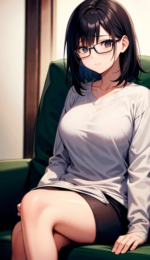 anime cloth capture, citys, 1 girl, standing alone, shorth hair, Bblack hair, purples eyes, gazing at viewer, hair between the eyes, Lewd, cloused mouth, in this, Broad Hips, short top, short shorts, unbuttoned shorts, squatting down, legs spread apart, erotism, rug,ssmile,face red