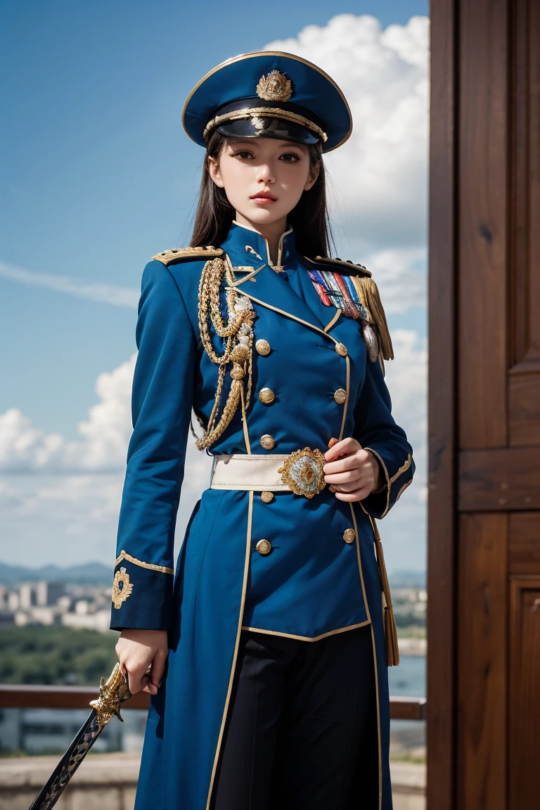 An elegant female military officer in the style of Napoleon Bonaparte. She is wearing a detailed 19th-century military uniform inspired by the French Empire, featuring a blue coat with gold embroidery, a bicorne hat with a feather, and a sash across her chest. Her expression is confident and commanding, standing in a proud pose with one hand resting on the hilt of a sword. The background shows a grand battlefield with a sky filled with dramatic clouds, emphasizing her leadership and authority