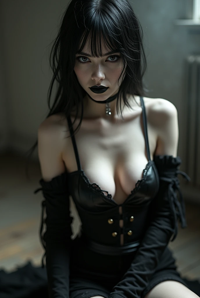 create a detailed picture of a goth egirl with raven black hair wearing a black lace panties and topless in her living roo,