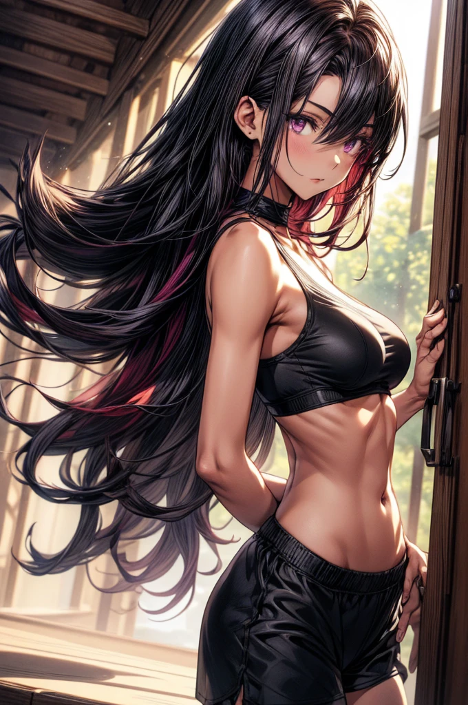 ((Sketch)), ((Watercolor)), ((best quality)), ((masterpiece)), (detailed), 4k image, anime style, beautiful young girl, sleek waist length dark violet-black hair, velvet colored eyes(mix of red and purple), serious and disdainful expression, sharp and arrogant facial features, full cherry pink lips, slim yet curvy body, tall height(180cm), narrow waist, D cup breasts, athletic physique, small but full curvy hips, oval shaped face, form-fitting sports bra and black form-fitting dolphin shorts, standing pose with body turned at an angle, hips flaring out, looking at the camera with a focused gaze, smooth lightly tanned white skin with a slight sheen, natural indoor background with a bed and desk, soft daylight coming from the right side, casting gentle shadows, casual and slightly intense atmosphere, low angle, sharp focus on the subject, no motion blur, well-lit overall exposure, side view