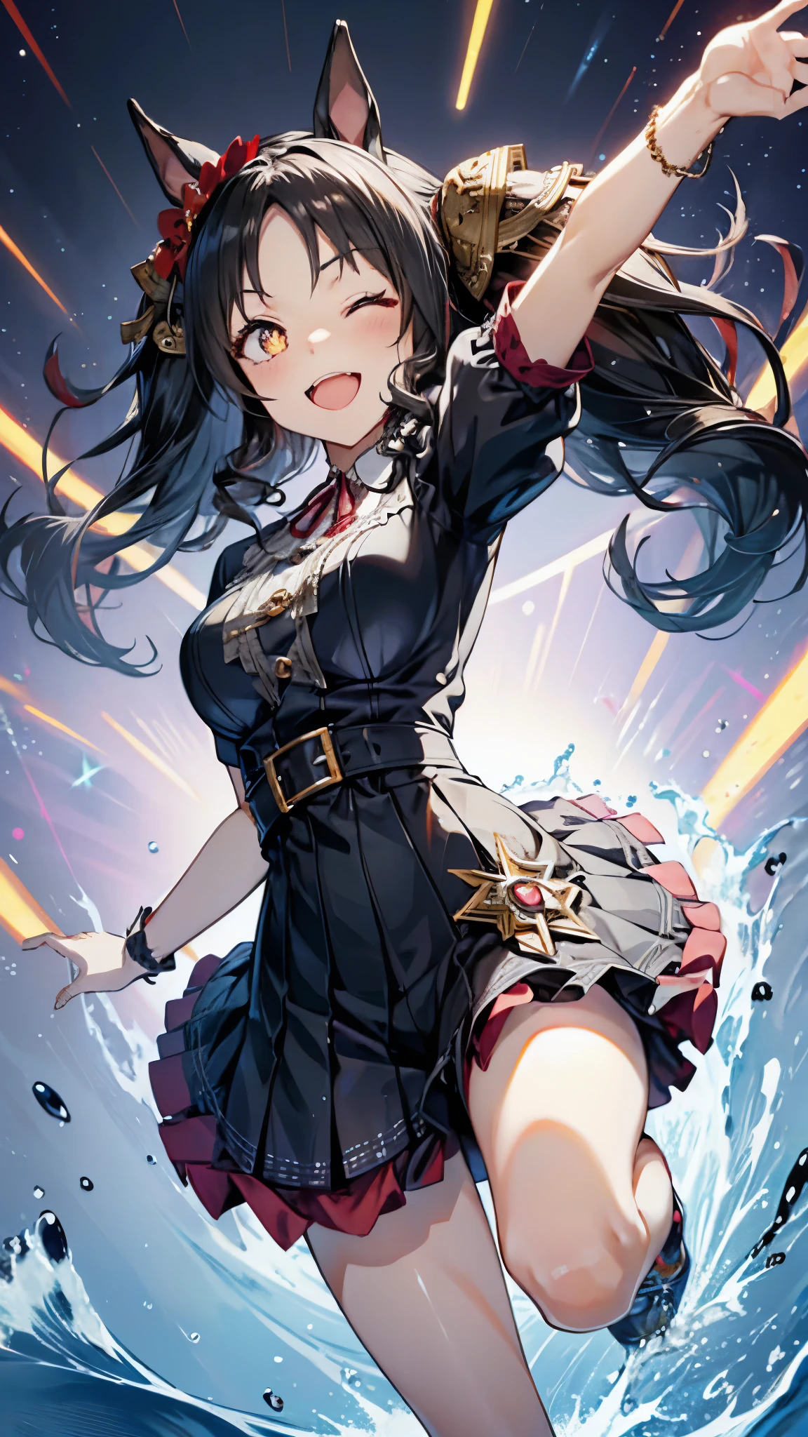 marvelous sunday \(umamusume\),black hair,twintails,hair ornament,smile,open mouth,(one eye closed),Dynamic pose,(arm up,standing on one leg),masterpiece,Noise Reduction,perfect anatomy,high resolution, ultra-detailed, ultra-detailed face,game cg,dutch angle ,beautiful detailed eyes,visualart,five fingers, perfect hands, perfect lighting, sparkling pupils,