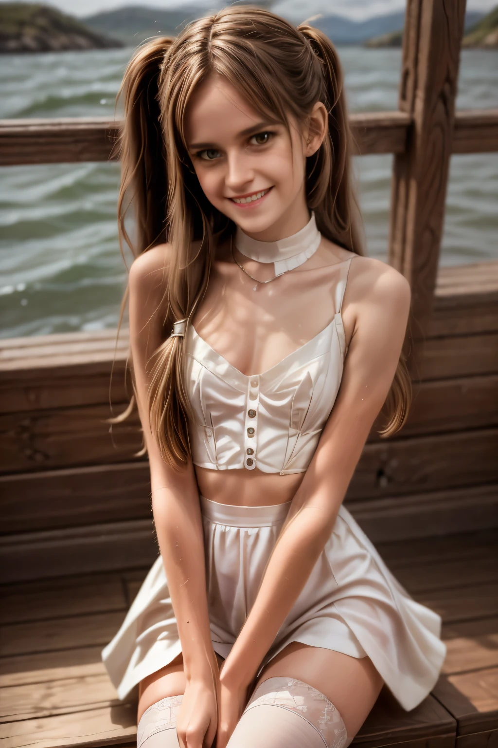 best quality, masterpiece, 1girl, solo, Ferry, long hair, FerryBase, thighhighs, bare shoulders, jewelry, sleeveless, white dress, blue skirt, gloves, , wooden floor, sitting, from below, hands on legs, smile, soft lighting, full body,