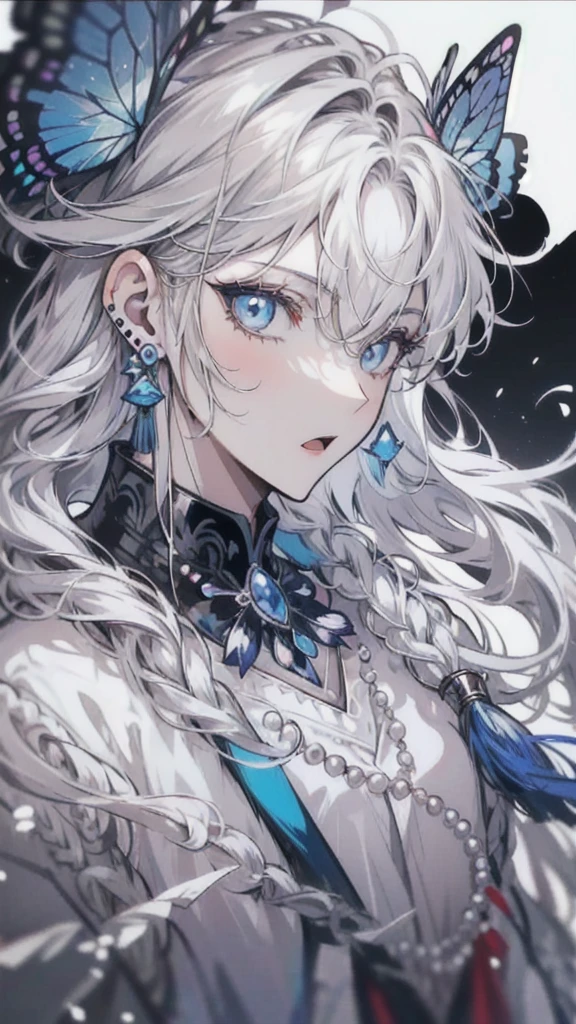 masterpiece, Male focus, 1 boy, solitary, White hair, tassel earrings, tassel, Jewelry, earrings, open mouth, black background, blue eyes, Long hair, Vulnerabilities, Butterfly, Upper Body, Hair between the eyes, Colorful hair，Pearl Rose，Personal，The eyes are drawn with incredible detail.