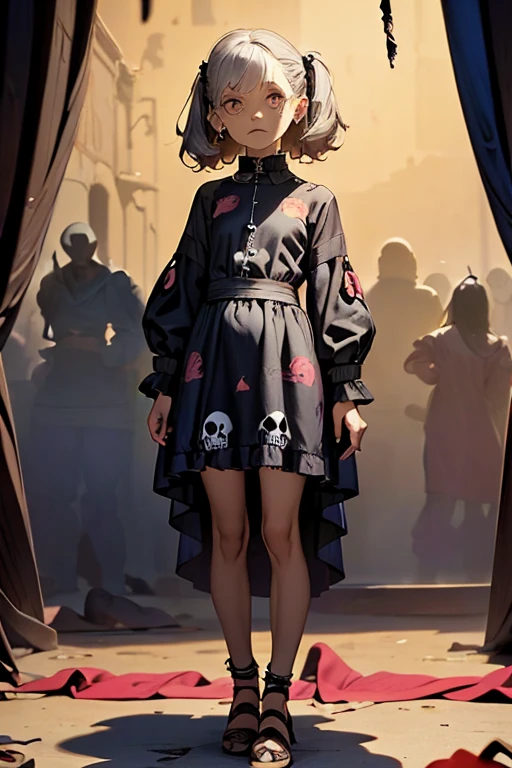 (masterpiece), (High resolution), （Circus、Clown）、Gray hair shortcut、Skull print dress、 Dark atmosphere, Flat Illustration, Creepy Appearance, Characteristic hairstyle, creative accessories, Unique atmosphere,（Full body portrait）
