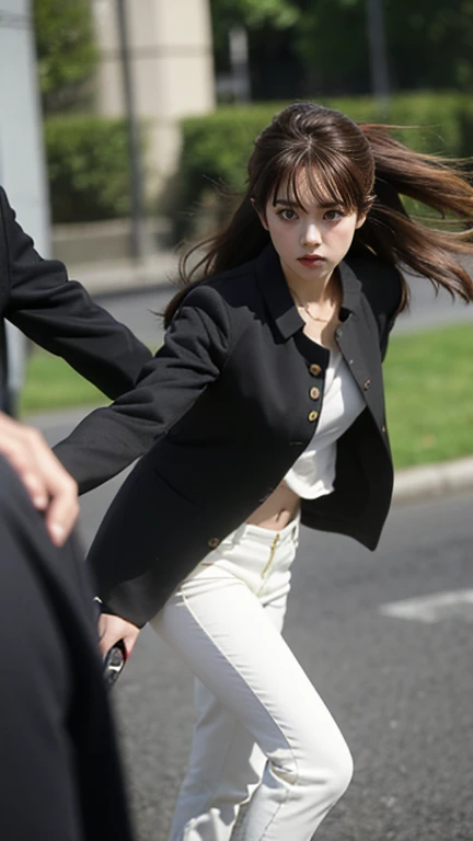 Busty women，Blunt bangs，Thighs，blonde，Voluminous long hair that reaches down to the waist，Wavy long hair，Slim figure，A red school uniform that reaches the ground，Tube top，White trousers，Carrying a wooden sword，Walking in the forest，Create an image of a “Cho-ran” or “Long Gakuran,” a distinctive Japanese student uniform popularized in the 1980s. The Cho-ran is a variation of the traditional gakuran, a black, button-up school uniform with a standing collar, but with a much longer jacket that typically extends down to the knees. This style was often worn by rebellious students or “yankees” as part of youth subculture. The image should feature a black, knee-length jacket with gold buttons running down the front and a sleek, minimalist design, typical of the era’s school uniforms. The silhouette should reflect its oversized and elongated nature, giving off a bold and unconventional vibe, commonly associated with 80s Japanese delinquent fashion.