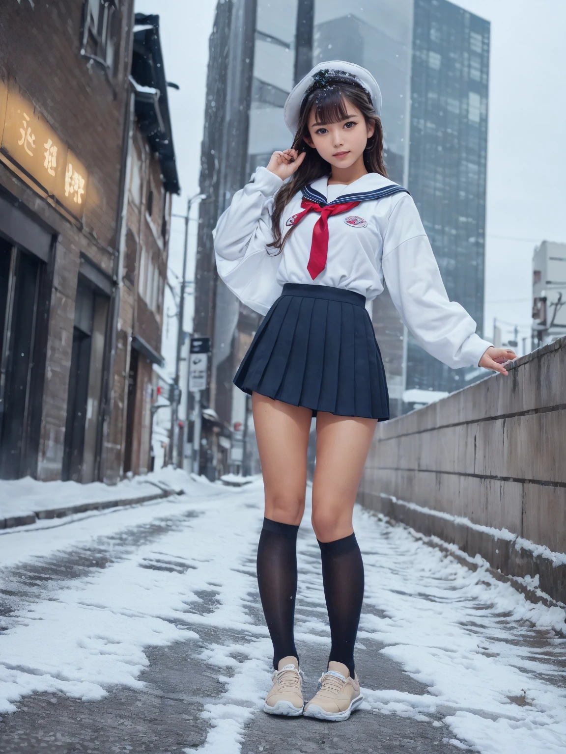 (in 8K、RAW Photos、top-quality、​masterpiece:1.2), (realisitic、Photorealsitic:1.37), ultra-detailliert, high resolution, (1girl in:1.3), a closeup, Raw feet,  japanese, (beautiful legs:1.3), (slender girl:1.3), a beauty girl, a cute girl, (Thin legs:1.3), (a sailor suit:1.3) , (high-school girl:1.3), JK, Ultra mini skirt, pleated skirt, Short socks, Tri-fold socks, white sock, Full body, (standing:1.2), winter, (city street background:1.2), (tanned_skin:1.3), (dark_skin:1.3), (roafer shoes:1.3), winter, snow,  light color hair, cheek, snow falling