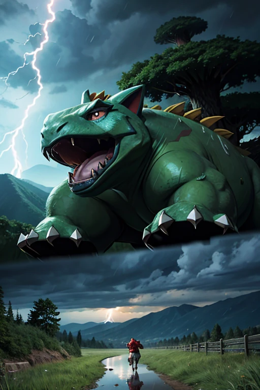 Venasaur transformed into an overwhelmingly ferocious beast、Rumbling Lightning、Dark clouds、Heavy downpours、Realistic、Cinematic composition、Extending Fangs、8 heads、Doomsday Beast