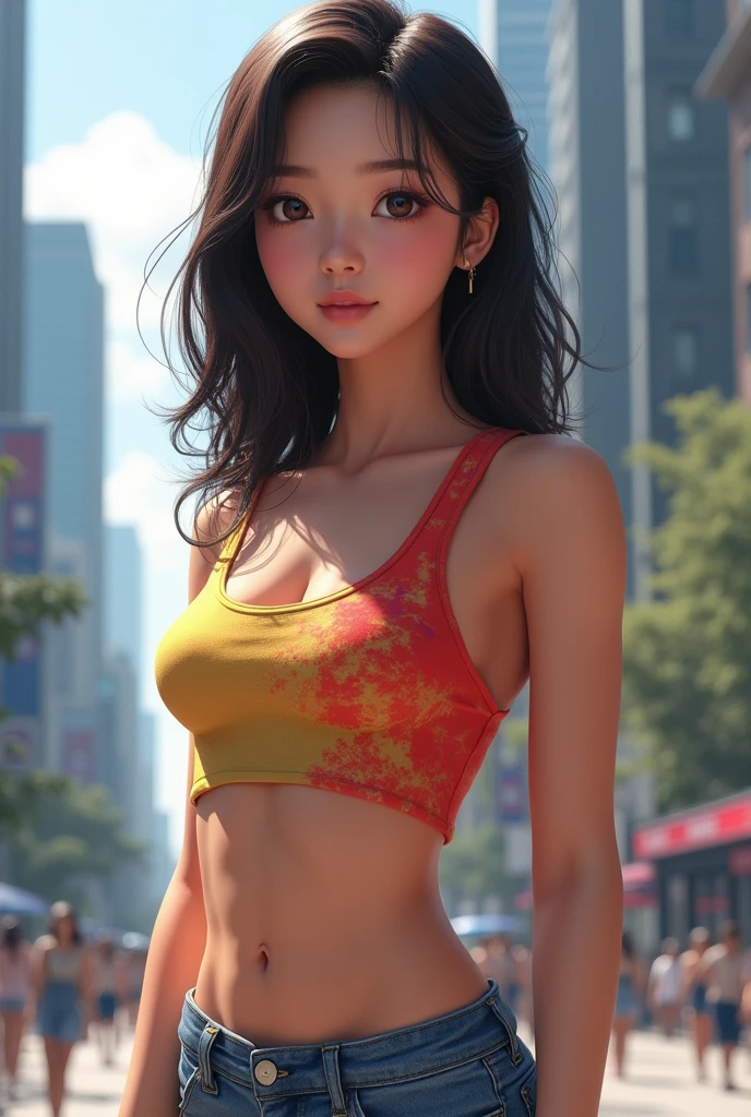 ((Realistic lighting, Best quality, 8K, Masterpiece: 1.3)), Clear focus: 1.2, 1 girl, Perfect Figure: 1.4, Slim Abs: 1.1, See through, tight clothing, ((Japanese)), (panties: 1.4), (Orange crop top: 1.4), (Outdoor, Night: 1.1), City streets, Super fine face, Fine eyes, Double eyelids,