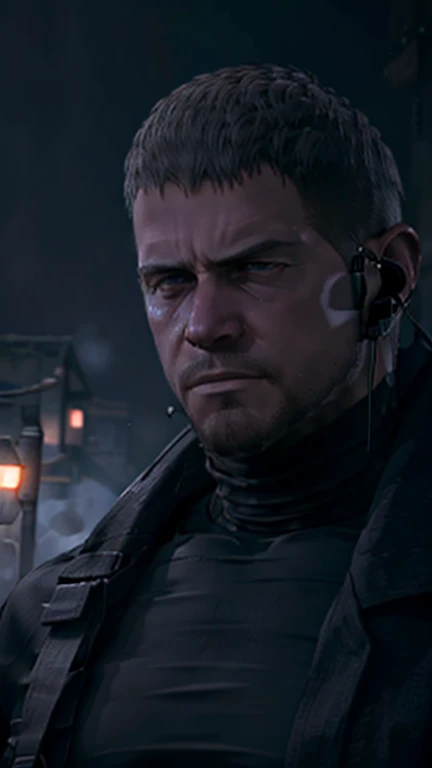 Dark gothic village in the background, old Chris Redfield from Resident Evil 8, 4, muscular male, tall and hunk, black cold turtleneck, straps, earpiece, beard, handsome face, deadpan, video games style, high resolution:1.2, best quality, masterpiece, dark nightime, dark atmosphere, volumetric lighting, shadow, potrait, face close up