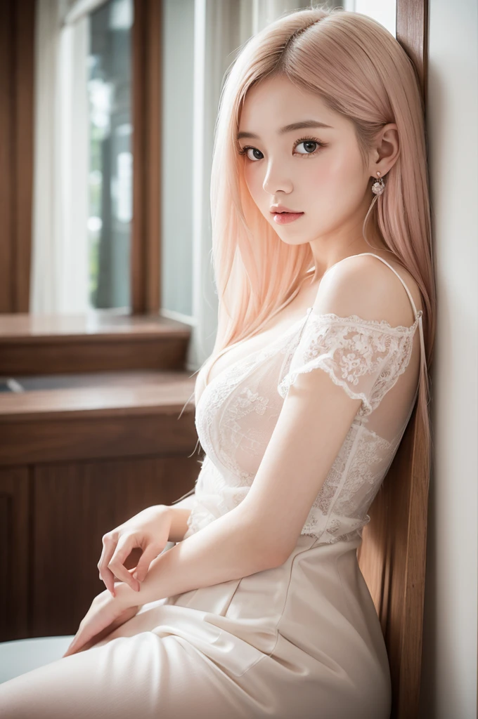 Alafed woman in white dress standing in front of bushes, 奈良美智, akiko takase, Yuka Kazami, nishihara isao, Yasumoto Oka, eiko ishioka, tsugumi ohba, Itagaki Publishing, Aya Takano, Kiyoko Suzuki, Hwang Se - On, masterpiece), (high quality), (8k resolution), (RAW photo), (best quality), (masterpiece:1.5), (realistic:1.5), ((photo realistic)), vibrant details, hyper realistic,1girl, (cute:1.2), beautiful, high-quality and detailed face, perfect face, (pink hair:1.4), rosy cheeks, detailed eyes, (blue eyes),colorful eyes,(watery eyes),nsfw, , slender body, looking at viewer, closed mouth, real human skin, shiny skin, mid breasts, ((school uniform)), sitting, bed,