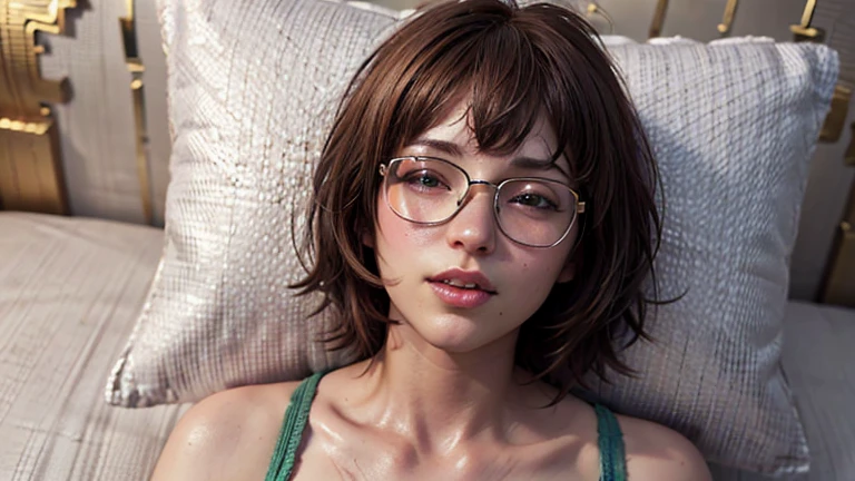 portrait, Close-up, upper body. Short, Red hair, green eyes, metal frame glasses, green bra, smile, 15 years. (masterpiece, top quality, Best quality, official art, beautiful and aesthetically pleasing:1.2), extremely detailed,(fractal art:1.2),colorful,The most detailed, (dynamic pose), (pillow background:1.5), (Many colors:1.4). ((split. skin texture, Shiny skin. elegance. photorealism. unreal engine. 3D model. Ultra high quality textures. high detail. permission 8k))