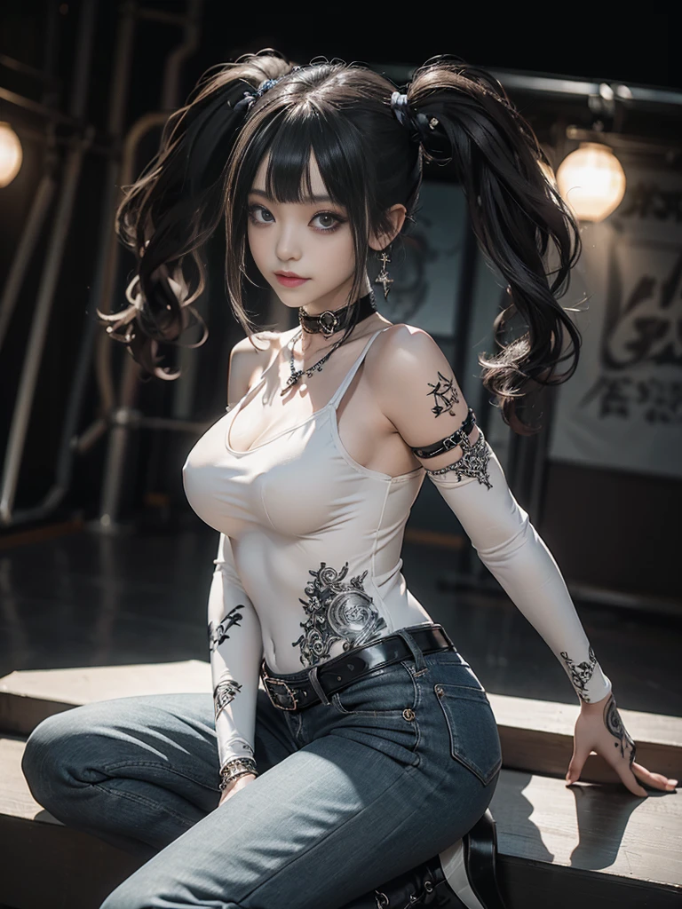 (Full body view:1.4)、(Full Body View:1.2)、(Smiling with teeth showing:1.3),(Shibuya Gal:1.5)、(Gothic Lolita style fashion:1.5)、(Punk RockVisual Kei:1.5)、(Wearing a rhythmic gymnastics bodysuit with intricate details:1.4)、(Racing suit and pants with delicate decorations in white, denim and charcoal:1.5)、(Denim and light blue and white boots:1.3)、((belt))、(Numerous delicate logo marks all over the costume:1.4)、(collar:1.3)、(Striped underwear:1.5)、20-year-old、NSFW、((Highest quality、In 8K、masterpiece:1.3))、Sharp focus:1.2、(Layered Cut、Huge boobs:1.1),Beautiful woman with perfect figure:1.4、(Dancing vigorously:1.3)、Slender Abs:1.2、Highly detailed face and skin texture、Detailed eyes、double eyelid,(Twin tails:1.3)、(Brown Hair:1.3)、Gravure idol、(The background is the stage of the fashion show:1.3)、(Slim Body:1.3),(Make your legs thinner:1.4),(clavicle:1.1)、(Thin and slim thighs:1.3)