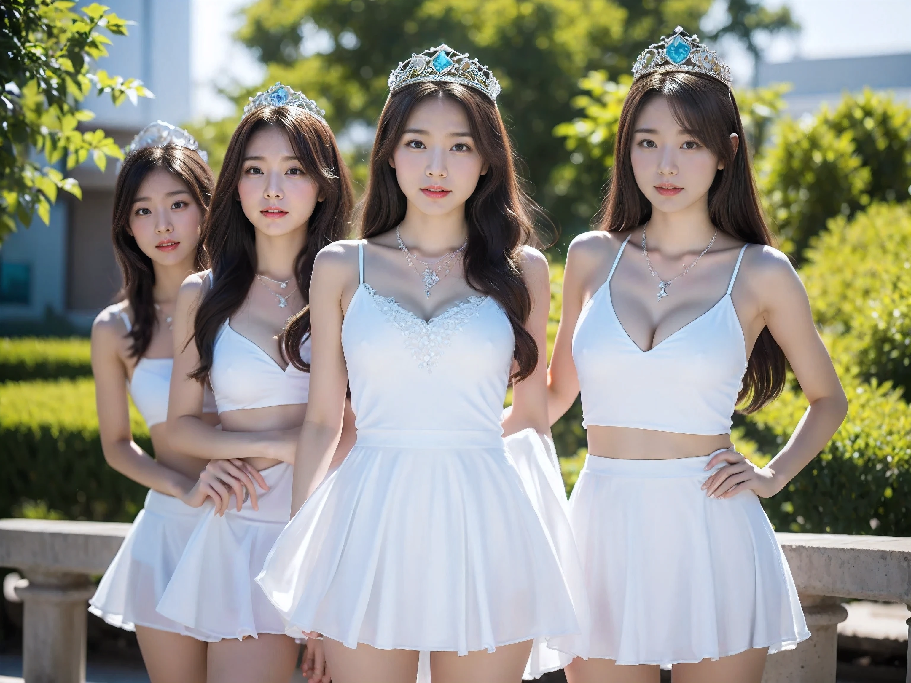 (4K,High Quality,High Resolution),(Realistic),((Beautiful Girl)),(((Tiara, Necklace, White Dress-like Bikini, White Miniskirt))), Beautiful girls living in a beautiful country where men are forbidden, line up in front of me, a man, and seduce me.