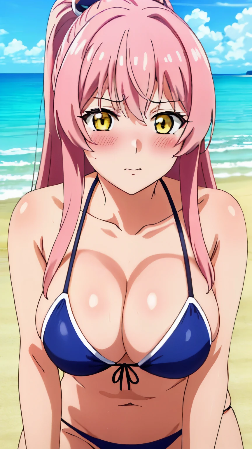 (master piece, best quality, high resolution, 8k:1.2), Anime coloring, 1girl, ariane, Yellow eyes, pink hair, hair ornament, beautiful eyes, detailed eyes, detailed face, ultra-detailed, (large medium breasts:0.8), (swimsuit, bikini, beach, blush), 