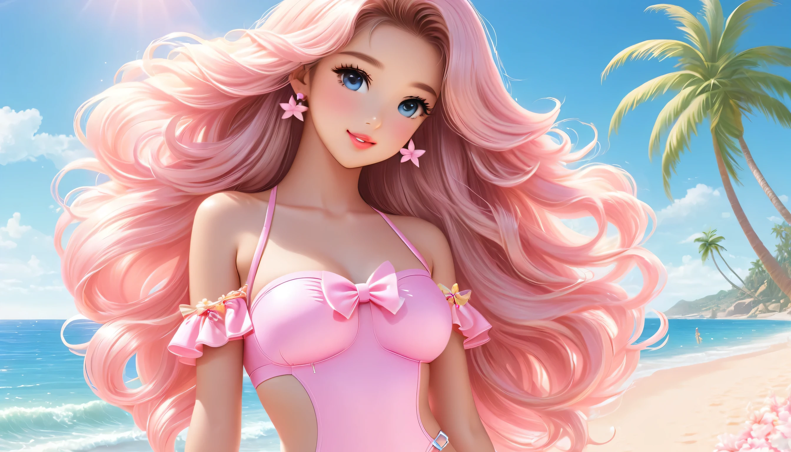 "A full-body image of a cute idol-like girl standing confidently. She is wearing a stylish tube top swimsuit in pastel pink, adorned with small bows. Her long, flowing hair cascades down her back, and she has big, sparkling eyes. The background is a sunny beach with gentle waves, a few palm trees, and a clear blue sky."
