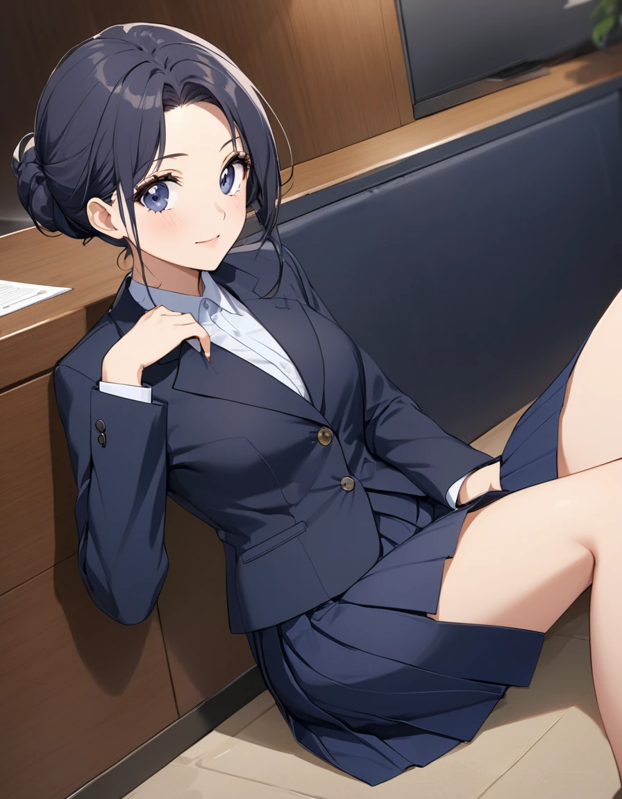 (unity 8k wallpape),(best quality),(high resolution),(ultra-detailed),(perfect anatomy),(beautiful detailed eyes),japanese mature,Beauty,slender,50yo,house wife,black hair,middlehair,flight attendant,Navy blue uniform,mini skirt,White panties,cameltoe,(panty shot),Sitting in a chair,(Legs slightly apart),Glaring at me,Looks uncomfortable,
