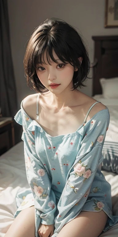 Cute girl lying face down on the bed and looking at you, 22 years old, Realistic, she is wearing shorts, She is wearing floral pajamas, short hair.Shoulder Bare、Chest visible from the front