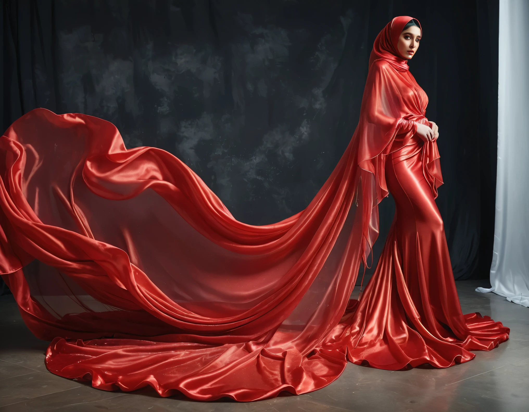 A woman shrouded in a 10-meter-long, plush red semi transparent satin shimmer cloth, slim body with big breast, tightly bound and grandly draping along the form of her body, flowing off into a pooled floor-length train, styled in a mermaid-inspired outfit, her head modestly veiled in a satin shimmer modern hijab, tall and beautifull woman with glamour make up, sexy pose in photo studio, a full-body pose conveying a sense of mysterious elegance, captured in a 4k resolution, ultra-realistic