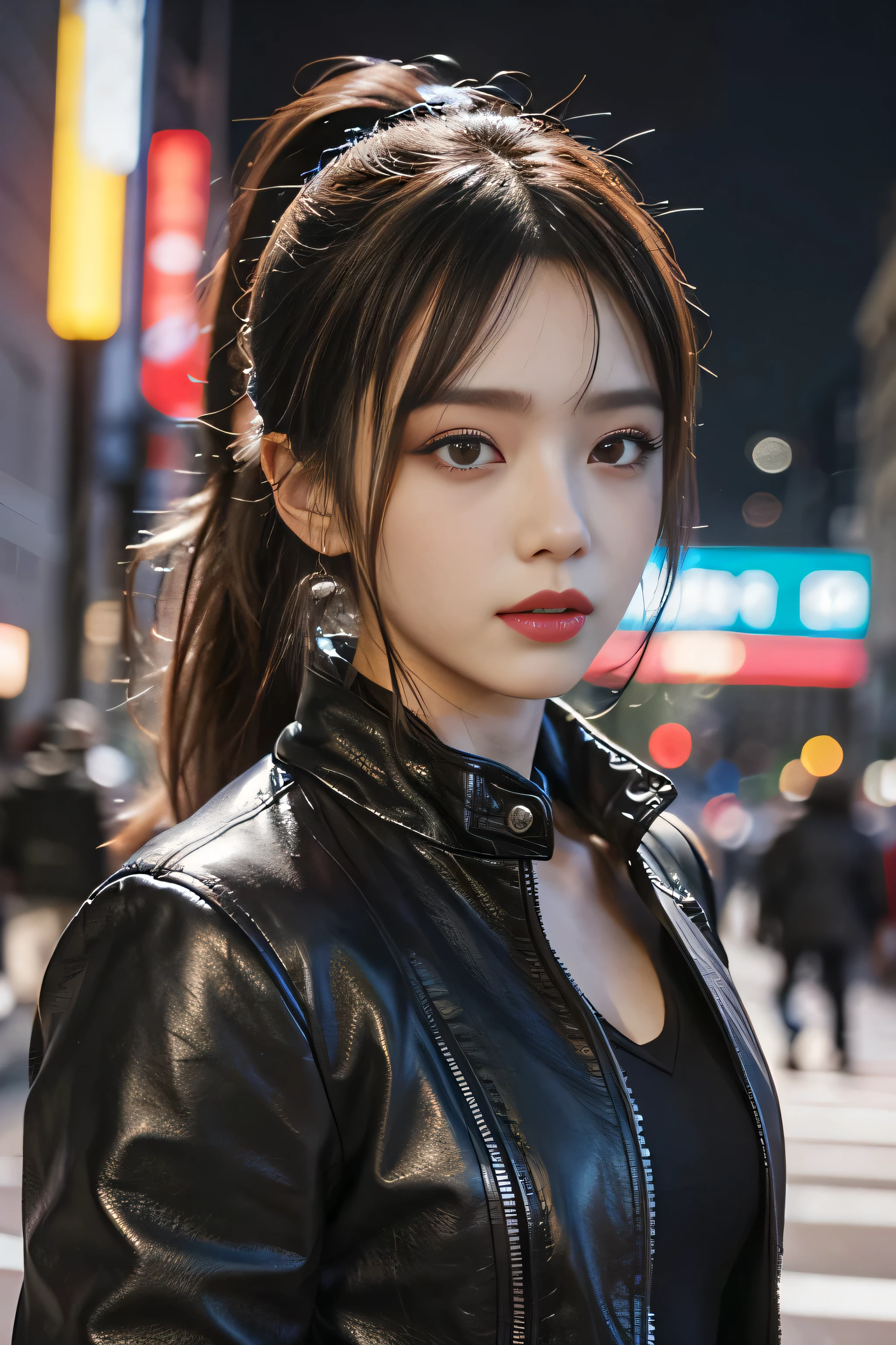 (1 girl:1.3), upper body:1.37, Looking up perspective, Focus on the nose, Japanese, 1 supermodel, (Small round head), Anatomically correct proportions, Skinny body, (From the side), (Highest quality:1.4), 32K resolution, (Realistic:1.5), (Ultra-fine digital art:1.5), High resolution 32k UHD, (masterpiece:1.2)), (Improvement of quality:1.4), (Very beautiful facial details), (Highest quality realistic skin texture:1.4), (Perfect Anatomy:1.2), (Are standing:1.37), ((Black leather jacket:1.37)), Black camisole:1.37, Does not emphasize the bust top:1.21, (Flat Chest:1.2), (Slim lower body), Brown Hair, (Low ponytail hair:1.37), Let your bangs hang long:1.21, ((Simple Background, Cyberpunk city background at night:1.21)), Accurate Fingers, Symmetrical eyes, Gazing at the audience, Red blush:1.21, Detailed lips:1.3,pink_compensate:1.21, length_green_eyeliner:1.21, red_lipstick:1.21, (Perfect darkness_eye shadow:1.45), (super detailed professional compensate on eyes:1.3), (Very intricate details:1.2), (Detailed and accurate nose:1.21), Perfect composition, (tired, Sleepy and satisfied:0.0), (Correctly drawn beautiful lips:1.21), Anxious face, Gentle light illuminates the face and body, Spectacular and inspiring cinema lighting